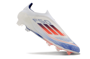 Chuteira Adidas F50 LL FG - Branca, Laranja e Azul com design inovador para desempenho em campo.