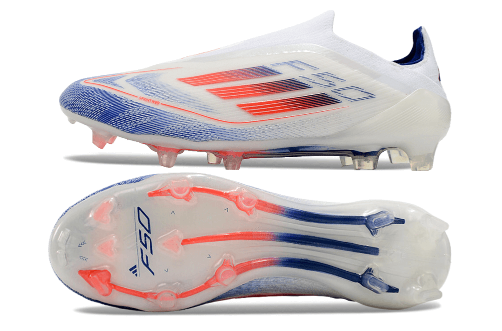 Chuteira Adidas F50 LL FG - Branca, Laranja e Azul mostrada de lado e de baixo, destacando seu design inovador.