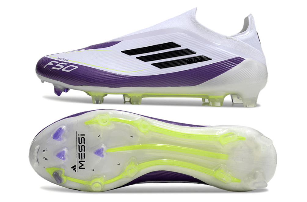 Chuteira Adidas F50 LL FG Branca, Roxa e Preto com design moderno e tecnologia FG para desempenho em campo.
