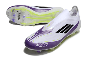 Chuteira Adidas F50 LL FG Branca, Roxa e Preto para performance em campo com design inovador e tecnologia FG.