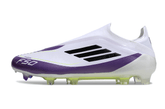 Chuteira Adidas F50 LL FG Branca, Roxa e Preto modelo lateral, design moderno e estiloso.
