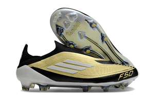 Chuteira Adidas F50 LL FG - Dourada e Branca com detalhes em preto e sola de chuteira inovadora.