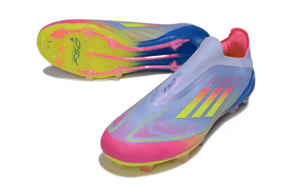 Chuteira Adidas F50 LL FG - Roxa, Rosa e Verde com design leve e cores vibrantes para desempenho em campo.