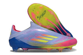 Chuteira Adidas F50 LL FG - Roxa, Rosa e Verde com design vibrante e sola de aderência para desempenho em campos naturais.