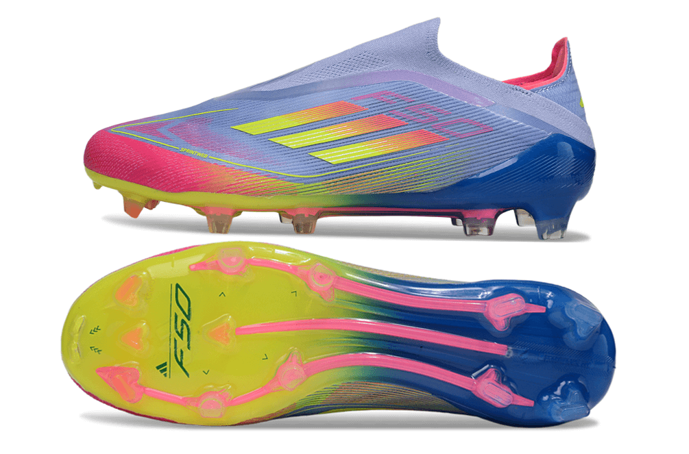Chuteira Adidas F50 LL FG - Roxa, Rosa e Verde, destacando suas cores vibrantes e design inovador.