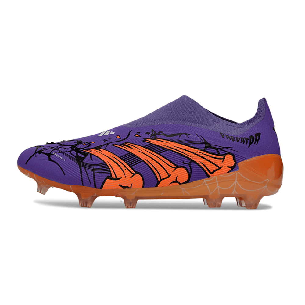 Chuteira Adidas Predator LL 30 Elite FG "Raphinha" com design em roxo e laranja e detalhes de aranha.