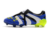 Chuteira Adidas Predator Accelerator FG - Azul e Verde em azul e verde com detalhes em preto e amarelo.