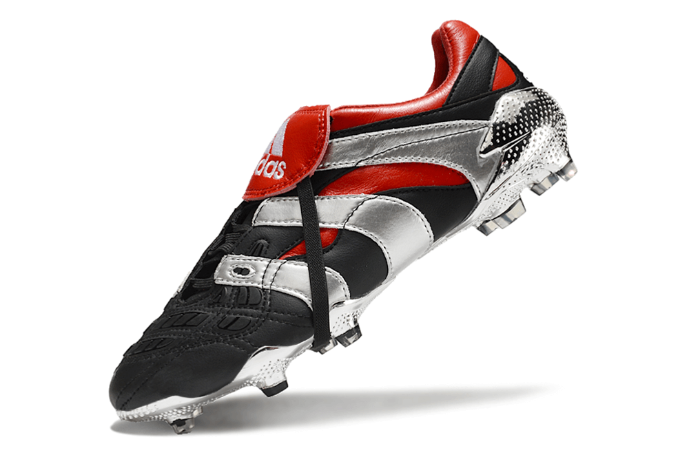 Chuteira Adidas Predator Accelerator FG - Preta e Vermelha, destaque em design e performance para o futebol.