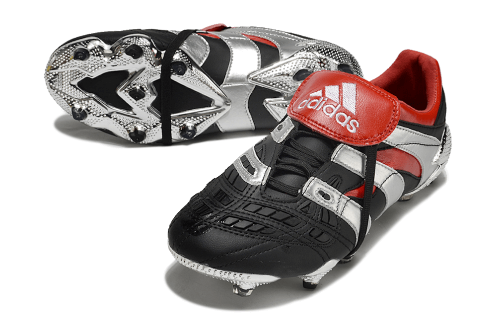 Chuteira Adidas Predator Accelerator FG - Preta e Vermelha em detalhe, ideal para performance no futebol.