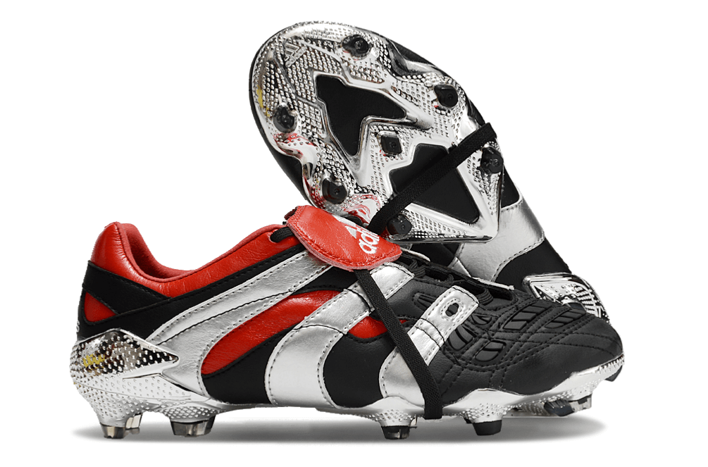 Chuteira Adidas Predator Accelerator FG - Preta e Vermelha com design esportivo e detalhes em vermelho e prateado.