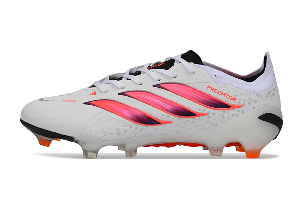 Chuteira Adidas Predator Elite FG 26 - Branca, Preta e Vermelha com design de alto desempenho e controle de bola.
