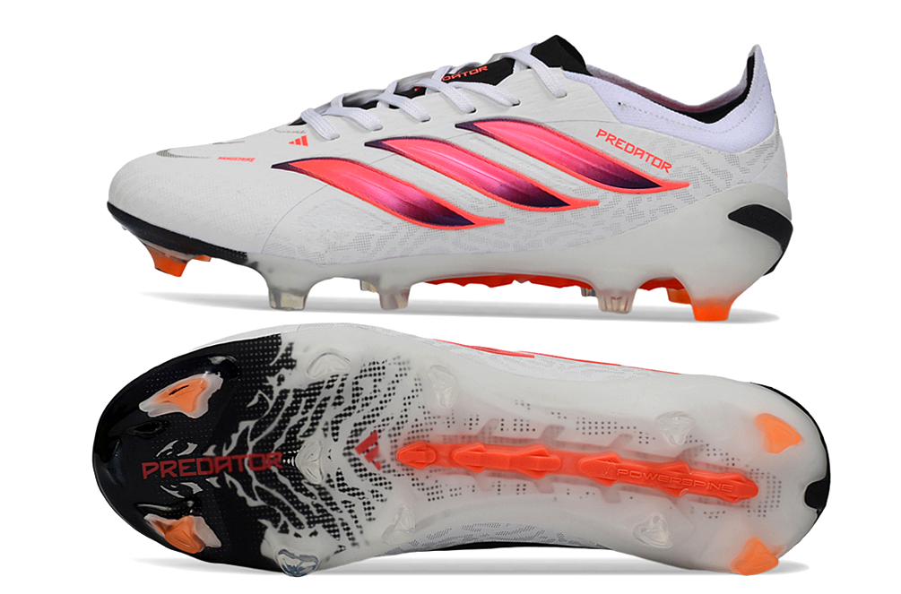 Chuteira Adidas Predator Elite FG 26 - Branca, Preta e Vermelha vista lateral e inferior destacando design e tecnologia.