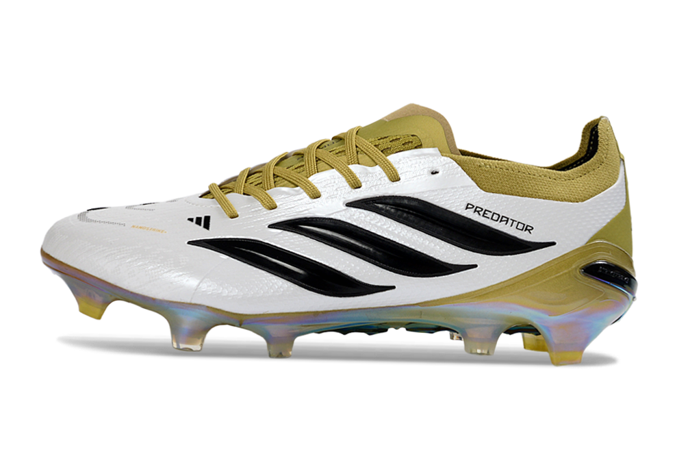 Chuteira Adidas Predator Elite FG 26 - Branca, Vermelha e Preta vista lateral, com detalhes em preto e dourado.