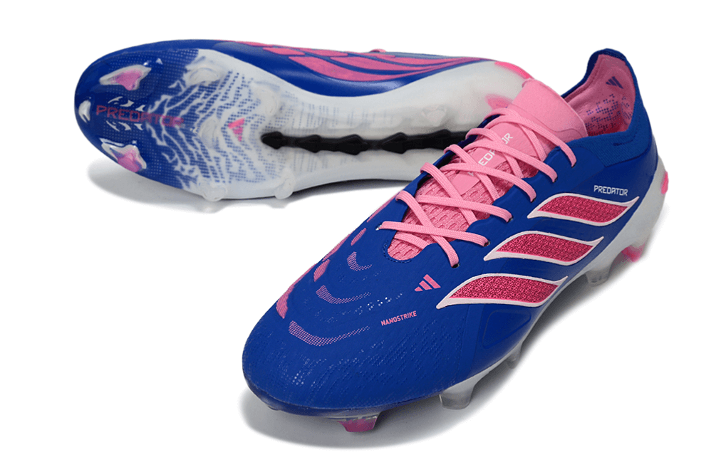 Chuteira Adidas Predator Elite FG 26 - "Finishers Steel" - Azul e Rosa com design arrojado e tecnologia de ponta.
