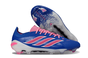 Chuteira Adidas Predator Elite FG 26 - "Finishers Steel" - Azul e Rosa com design aerodinâmico e tecnologia de ponta.