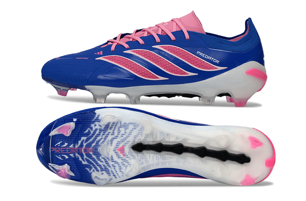 Chuteira Adidas Predator Elite FG 26 - "Finishers Steel" - Azul e Rosa com design aerodinâmico e tecnologia de controle.