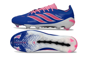 Chuteira Adidas Predator Elite FG 26 - "Finishers Steel" - Azul e Rosa com design aerodinâmico e tecnologia de controle.