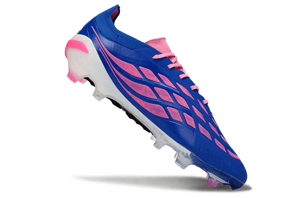 Chuteira Adidas Predator Elite FG 26 - "Finishers Steel" - Azul e Rosa em destaque, com design arrojado e tecnológica.
