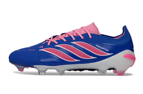 Chuteira Adidas Predator Elite FG 26 - "Finishers Steel" - Azul e Rosa, detalhe lateral com design arrojado e tecnologia de ponta.