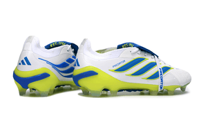 Chuteira Adidas Predator Elite FG 26 - "Finishers Steel" - Branca e Amarela com detalhes em azul e verde.