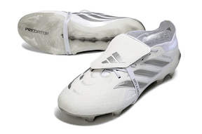 Chuteira Adidas Predator Elite FG 26 - "Finishers Steel" - Branca vista lateral e superior com detalhes em cinza.
