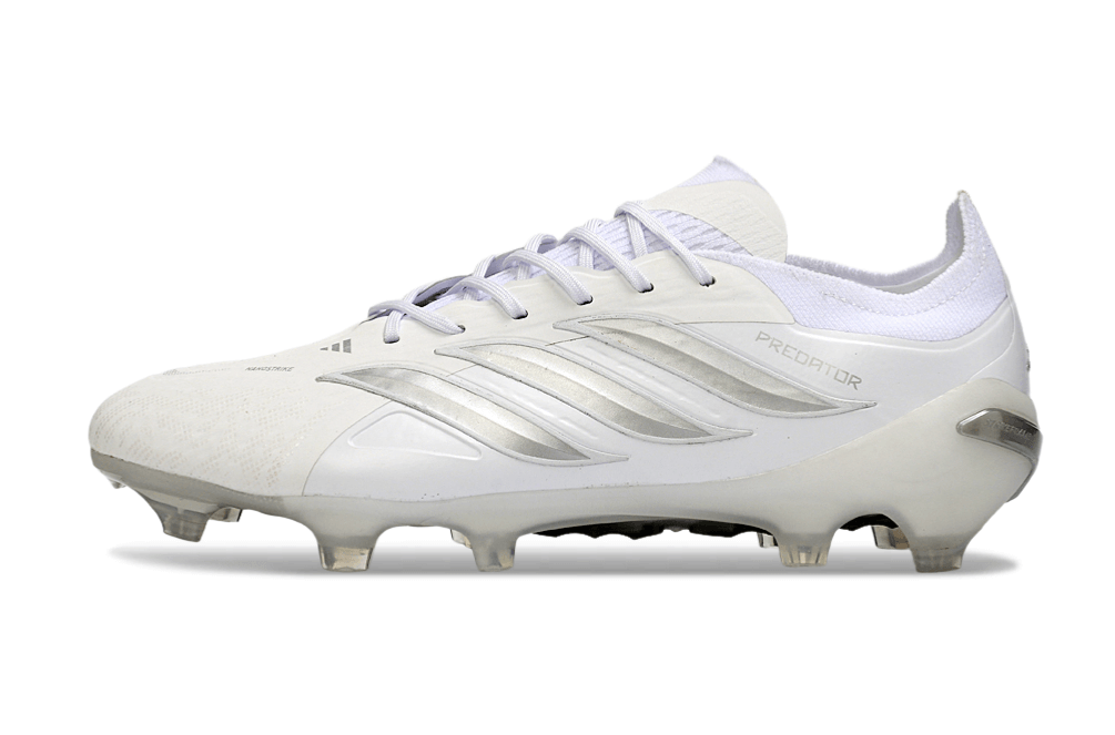 Chuteira Adidas Predator Elite FG 26 - "Finishers Steel" - Branca side view on white background