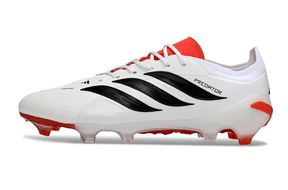 Chuteira Adidas Predator Elite FG 26 - "Finishers Steel" Branca lateral view com detalhes em preto e vermelho.