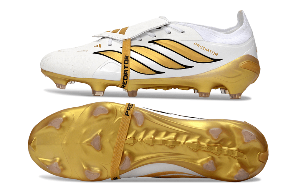 Chuteira Adidas Predator Elite FG 26 - "Finishers Steel" Branca e Dourada em destaque, mostrando seu design e sola.
