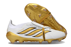 Chuteira Adidas Predator Elite FG 26 - "Finishers Steel" Branca e Dourada com detalhes em dourado.