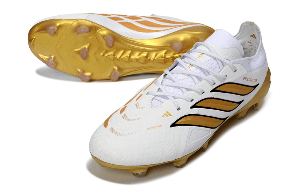 Chuteira Adidas Predator Elite FG 26 - "Finishers Steel" - Branca e Dourada, design icônico e tecnologia avançada.