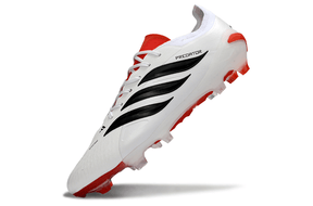 Chuteira Adidas Predator Elite FG 26 - "Finishers Steel" Branca com detalhes em vermelho e preto.
