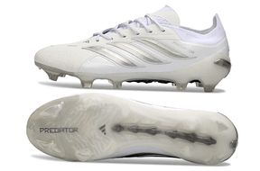 Chuteira Adidas Predator Elite FG 26 - "Finishers Steel" - Branca, mostrando parte superior e solado em design inovador.