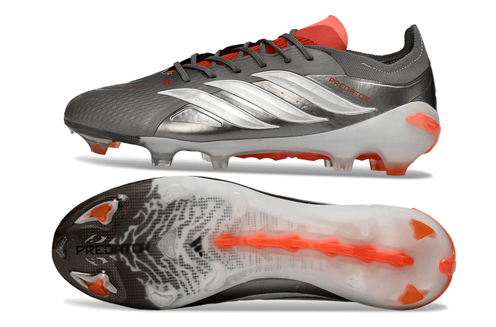 Chuteira Adidas Predator Elite FG 26 - "Finishers Steel" em cinza e laranja, ideal para controle no futebol.