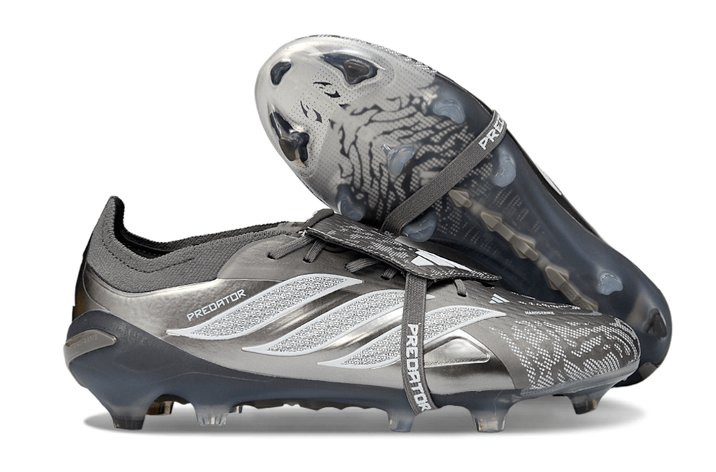 Chuteira Adidas Predator Elite FG 26 - "Finishers Steel" Prateada com detalhes tecnológicos e design sofisticado.
