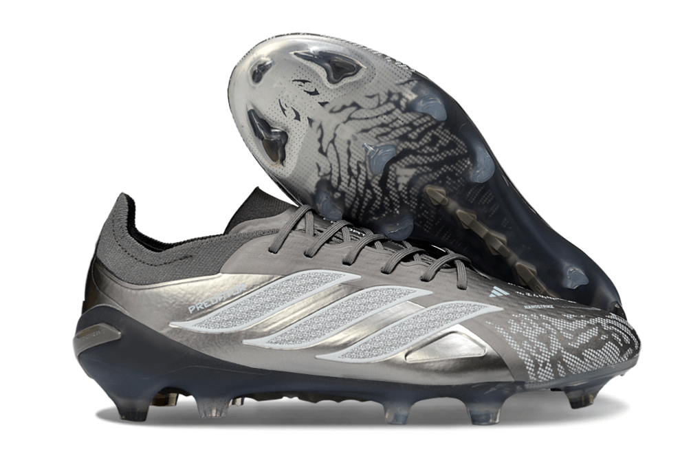 Chuteira Adidas Predator Elite FG 26 - "Finishers Steel" - Prateada em destaque, ideal para precisão no futebol.