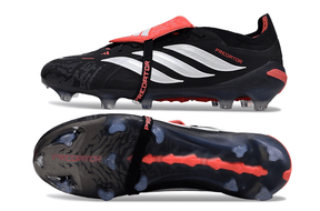 Chuteira Adidas Predator Elite FG 26 - "Finishers Steel" Preta e Branca, vista lateral e inferior.