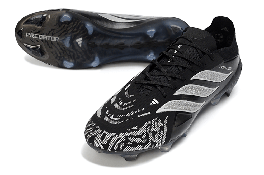 Chuteira Adidas Predator Elite FG 26 - "Finishers Steel" - Preta e Branca com design moderno e sola em borracha.