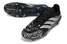 Chuteira Adidas Predator Elite FG 26 - "Finishers Steel" - Preta e Branca com design moderno e sola em borracha.