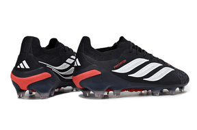 Chuteira Adidas Predator Elite FG 26 - "Finishers Steel" Preta e Branca com design aerodinâmico.