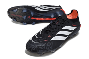 Chuteira Adidas Predator Elite FG 26 - "Finishers Steel" Preta e Branca, vista frontal e lateral em detalhes.