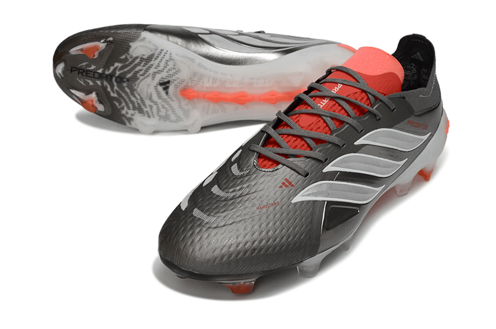 Chuteira Adidas Predator Elite FG 26 - "Finishers Steel" com design moderno e tecnologia avançada para controle e precisão no futebol.