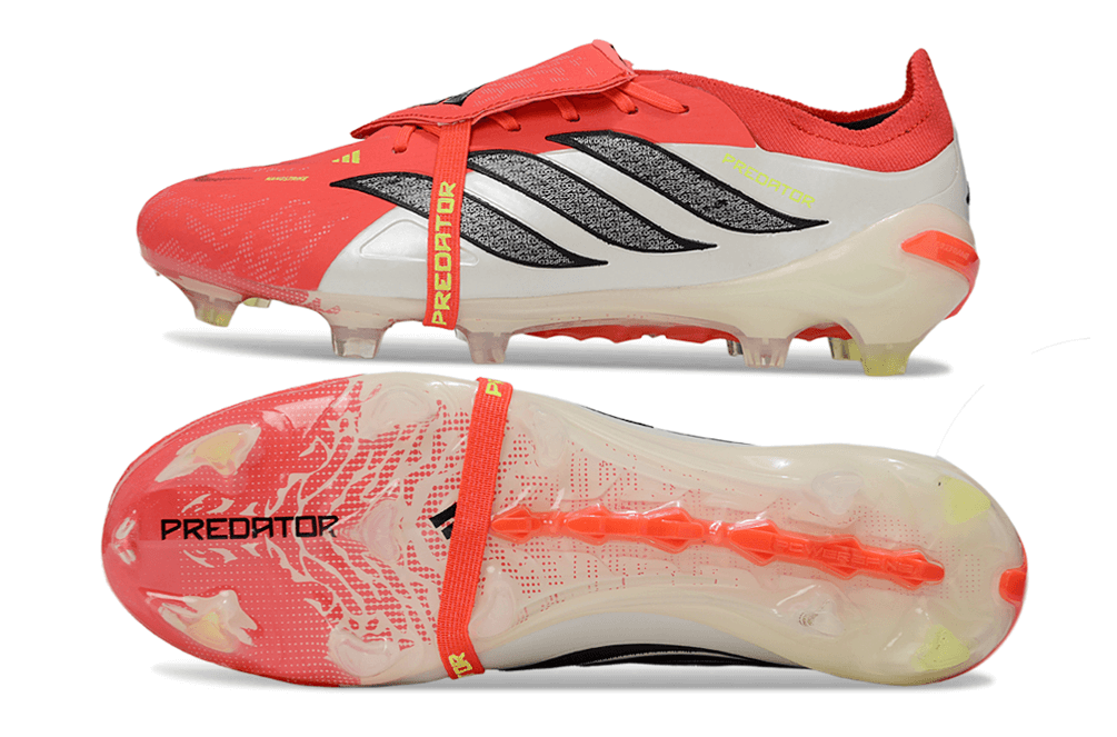 Chuteira Adidas Predator Elite FG 26 - "Finishers Steel" - Vermelha e Branca vista superior e inferior