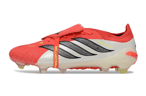Chuteira Adidas Predator Elite FG 26 - "Finishers Steel" - Vermelha e Branca lateral com detalhes em preto e amarelo.