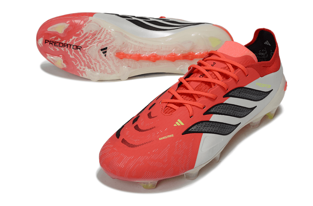 Chuteira Adidas Predator Elite FG 26 - "Finishers Steel" - Vermelha e Branca com detalhes em preto.