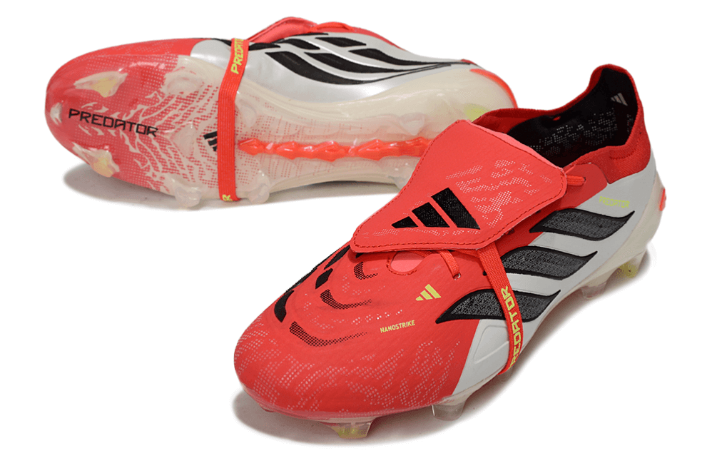 Chuteira Adidas Predator Elite FG 26 - "Finishers Steel" - Vermelha e Branca em destaque com design icônico.