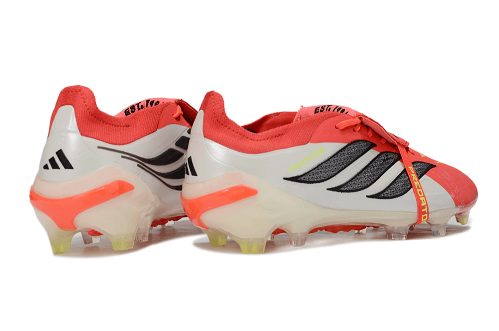 Chuteira Adidas Predator Elite FG 26 - "Finishers Steel" - Vermelha e Branca, vista traseira do modelo.