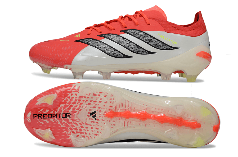 Chuteira Adidas Predator Elite FG 26 - "Finishers Steel" - Vermelha e Branca com design aerodinâmico e sola de tração.