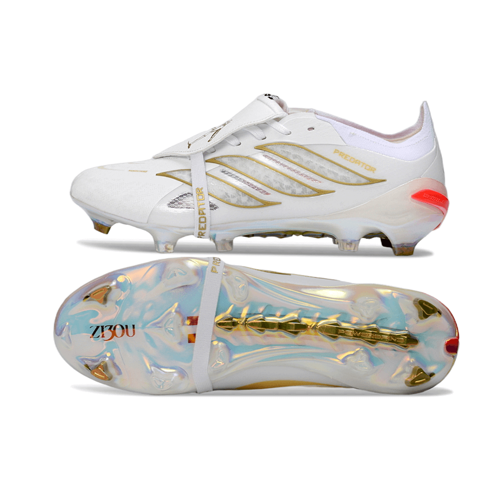 Chuteira Adidas Predator Elite FG 26 Tongue - Branca "Beckham" mostrando o design elegante e a sola inovadora.