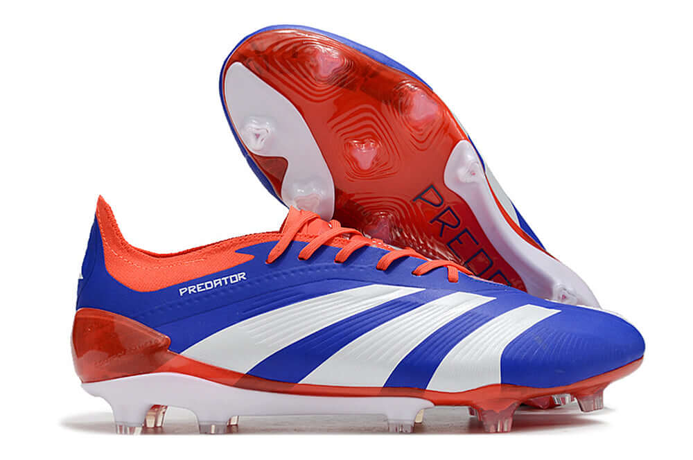 Chuteira Adidas Predator Elite FG - Azul , Branca e Laranja com design vibrante e tecnologia avançada.