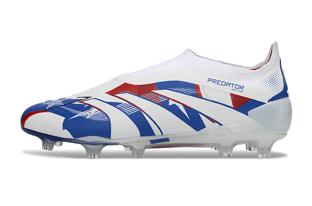 Chuteira Adidas Predator Elite FG LL - Azul, Branca e Vermelha com design vibrante e inovador.